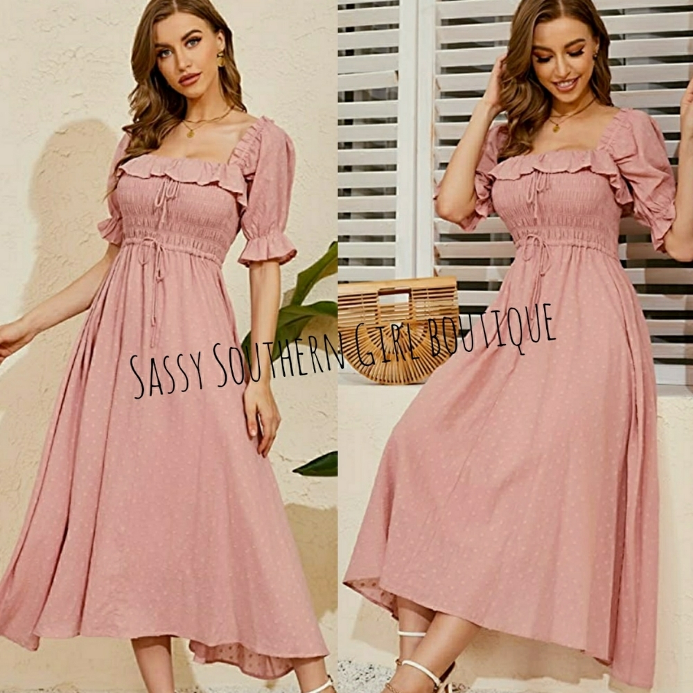 🆕⭐ Boho rose pink smocked swiss dot dress - Picture 2 of 11